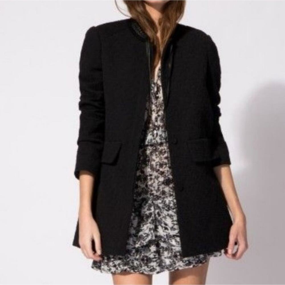 Maje Gretelle‎ Leather Trim Jacquard Knit Longline Coat Parisian Car Coat Sz 36